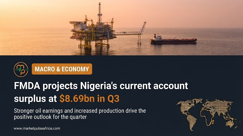 Alt Text: A landscape-format financial news cover image for Market Pulse Africa. The top background is a detailed, golden-hour photograph of an offshore oil platform in the Gulf of