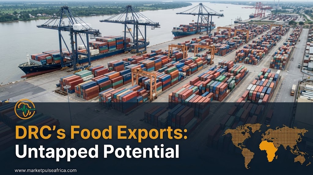 **Alt Text:**  > Financial news cover image for Market Pulse Africa, categorized under Macro & Economy, featuring an agricultural port scene in the Democratic Republic of the Congo