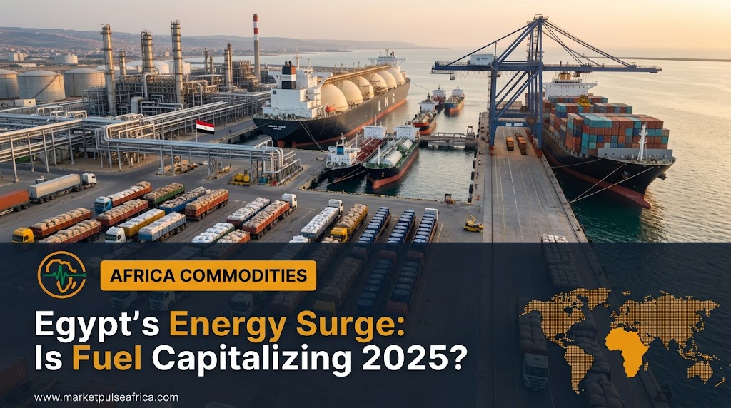 **Alt Text:** A landscape-format financial news cover image for Market Pulse Africa. The top background features an aerial, daylight photograph of an Egyptian oil refinery and natu