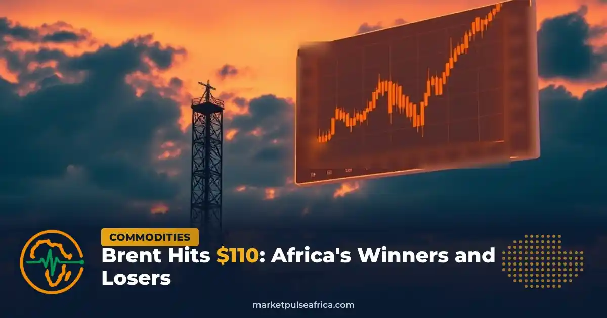 An oil derrick silhouetted against an orange sunset sky, beside a rising candlestick price chart.