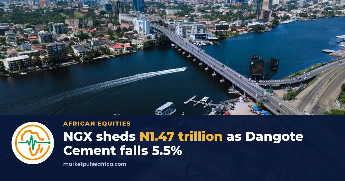 Aerial view of Victoria Island, Lagos, with boats on the lagoon, above a navy band with the Market Pulse Africa logo and an NGX headline