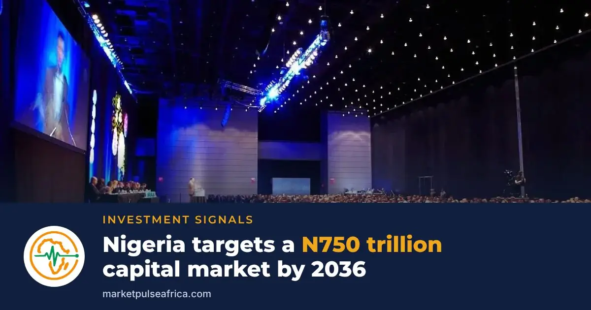 A packed conference hall with a speaker at a lectern and a panel on stage, above a navy band carrying the Market Pulse Africa logo and the headline