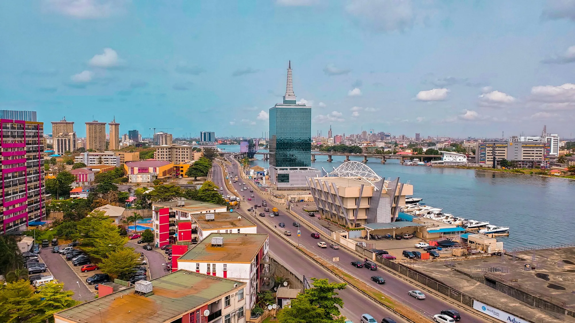 Aerial view of Civic Towers, office blocks and the lagoon in Lekki, Lagos