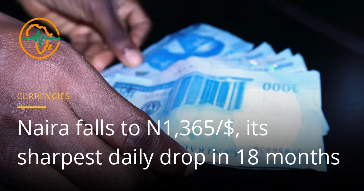 A hand reaching for blue Nigerian 1,000-naira banknotes on a dark table, with the Market Pulse Africa logo