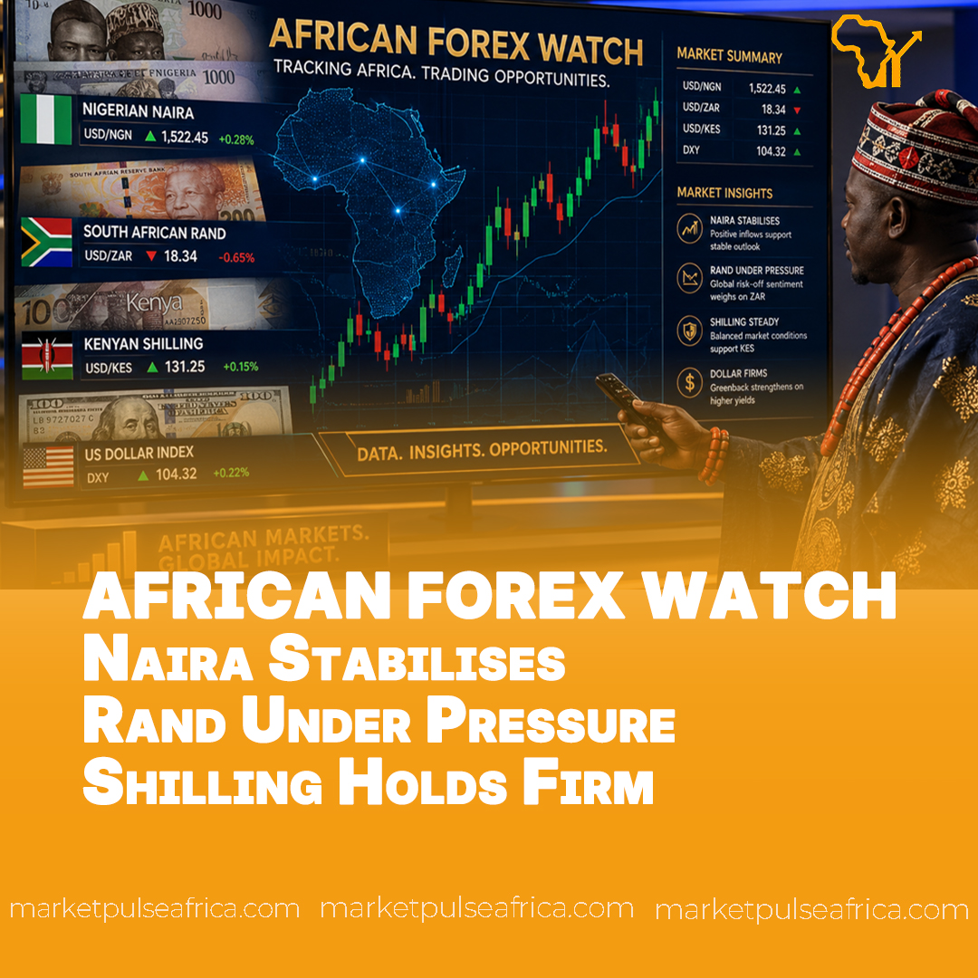 A digital illustration showing Nigerian naira, South African rand, Kenyan shilling and US dollar banknotes overlaid on foreign exchange charts representing African currency markets