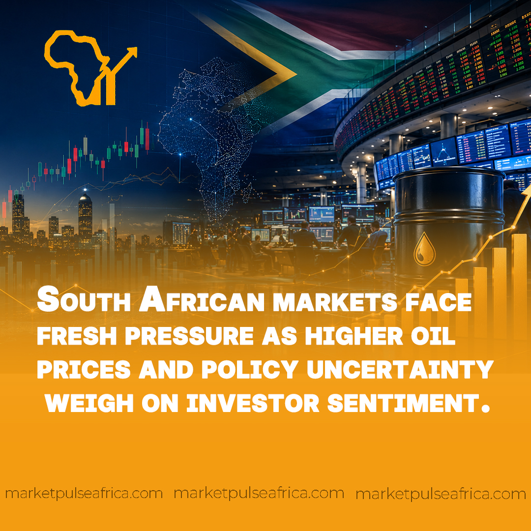 A financial illustration of the Johannesburg Stock Exchange with stock market charts, oil price graphics and the South African flag representing equity market performance and monet