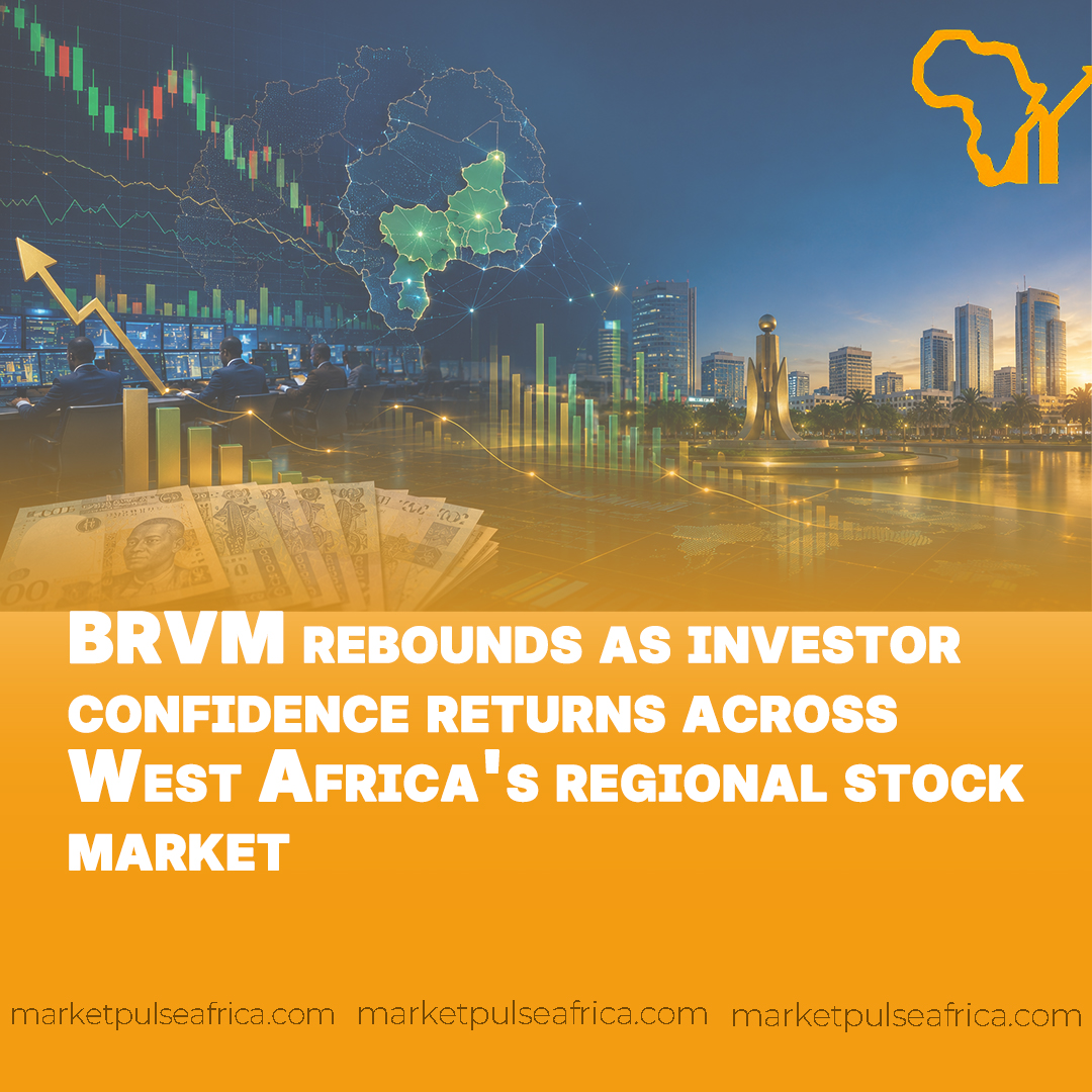 A financial illustration showing the BRVM regional stock exchange with digital market charts, investment graphs and a map of West Africa representing regional equity market perform