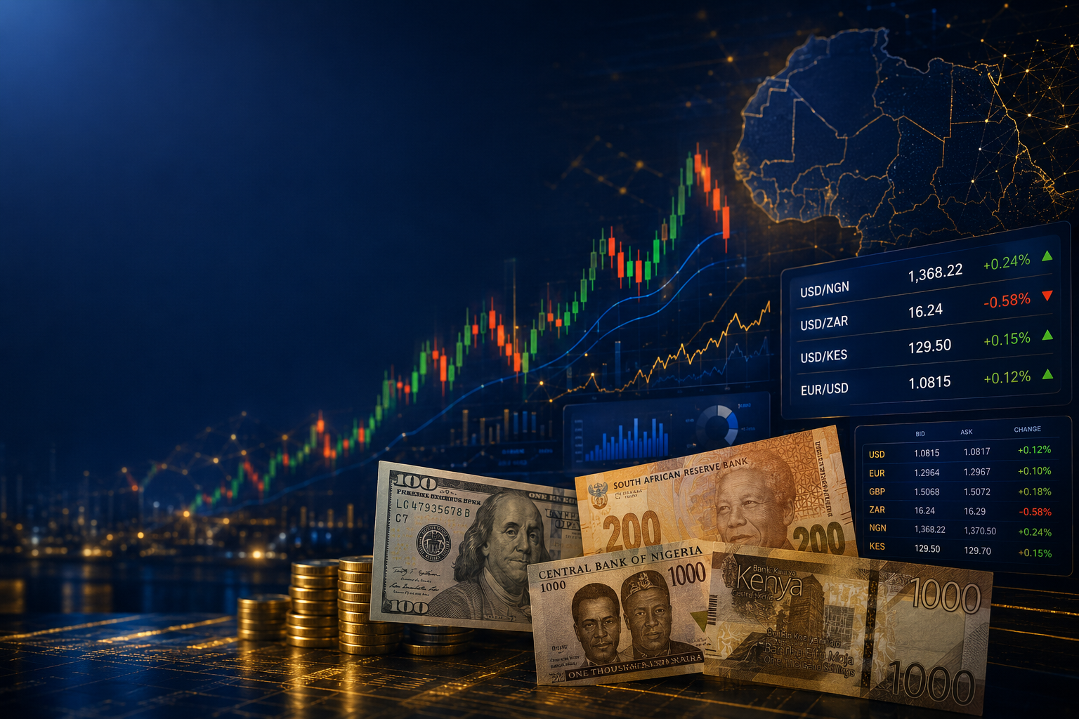 African currencies including the Nigerian naira, South African rand and Kenyan shilling displayed with forex charts and financial market data.