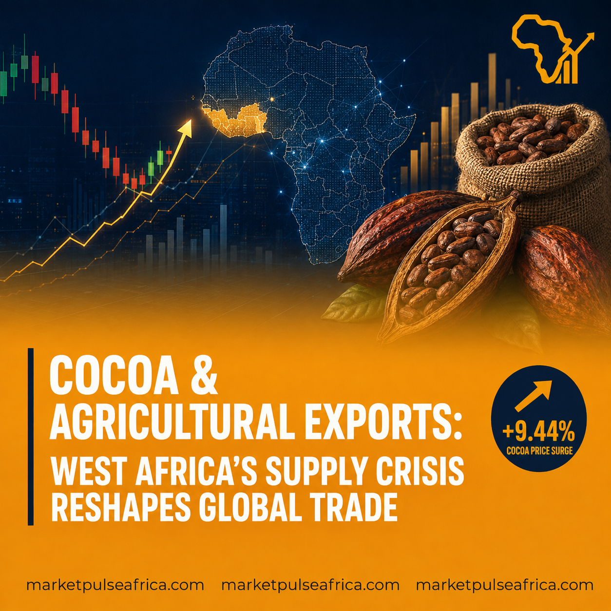 Cocoa pods and beans with export ships and commodity charts representing West Africa's cocoa supply chain.