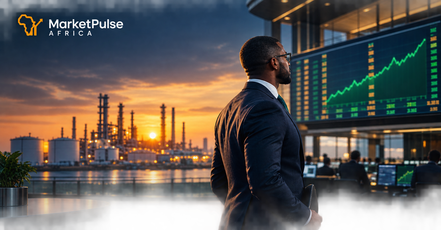 An African business executive stands before a stock exchange ticker board displaying an upward market trend, with oil refinery towers silhouetted at sunset in the background.