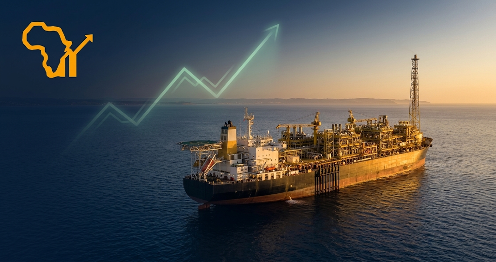 An offshore oil production vessel sits on calm ocean water at golden hour, with a faint upward-trending investment graph overlaid on the sky.