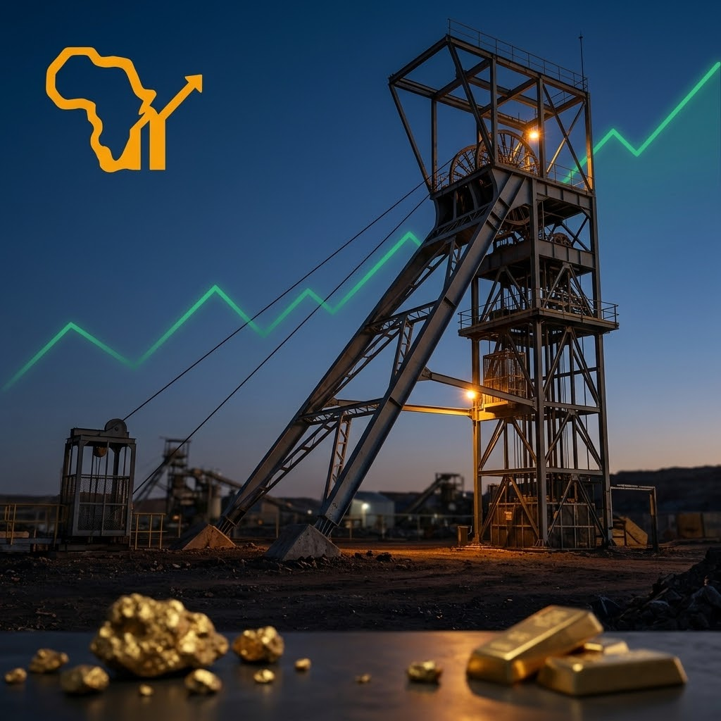 A gold mine headgear structure is lit at dusk, with raw gold ore visible in the softly blurred foreground and a faint upward market graph overlaid above.