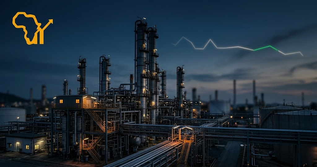 An industrial oil refinery's pipework and storage tanks are silhouetted against a moody navy sky at dusk, with a faint, mostly flat line graph overlaid.
