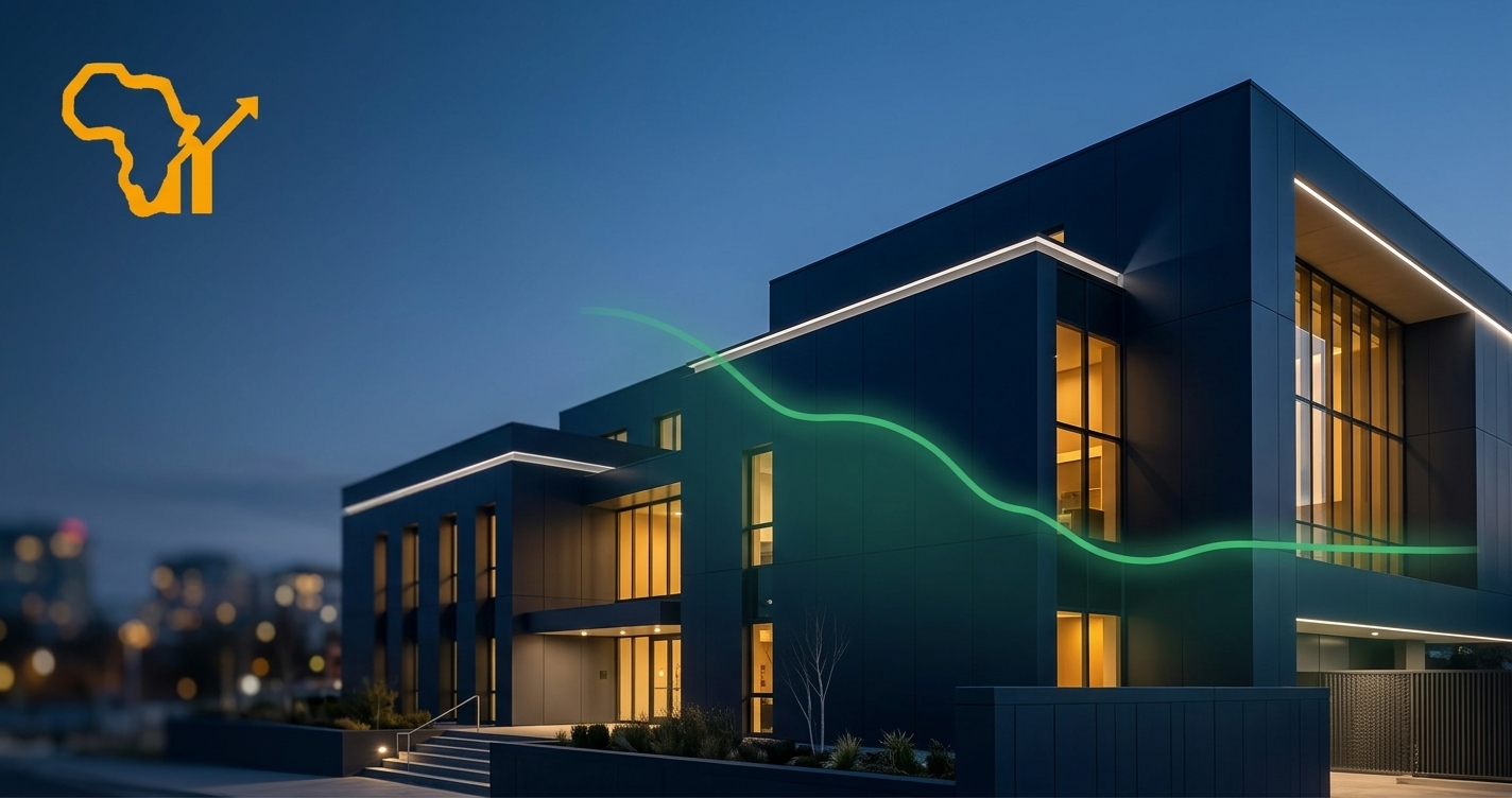 The exterior of a modern institutional building resembling a central bank is lit at dusk, with a faint stabilising line graph overlaid above.