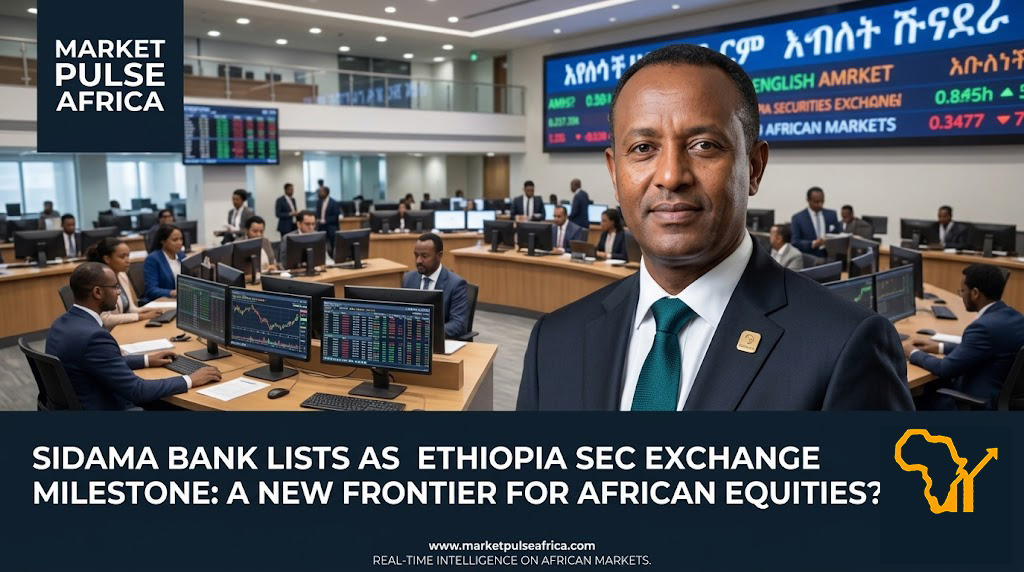 Professional editorial image of a modern African stock exchange trading floor and listing ceremony with subtle upward chart elements in Market Green against Midnight Navy tones, Ma