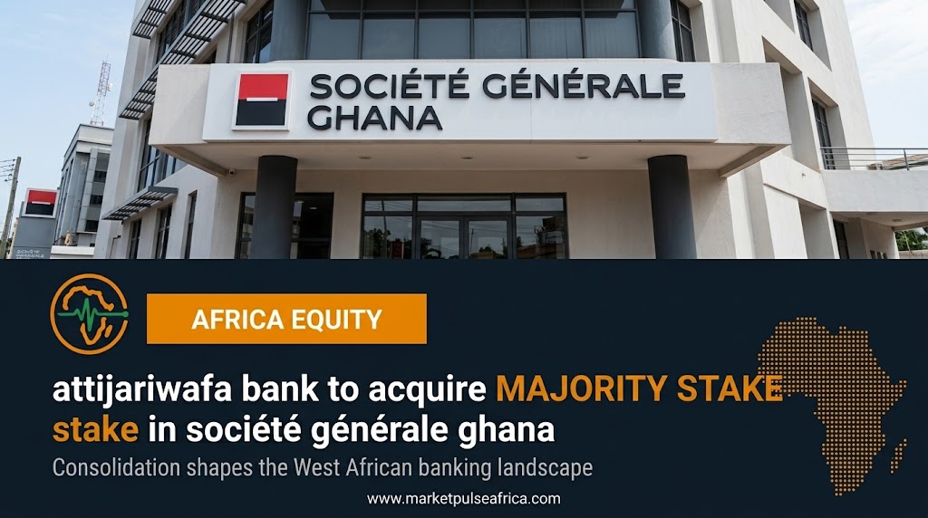 Photorealistic premium editorial landscape image for MarketPulse Africa. Clean, powerful composition showing abstract African banking network lines connecting Morocco and Ghana aga