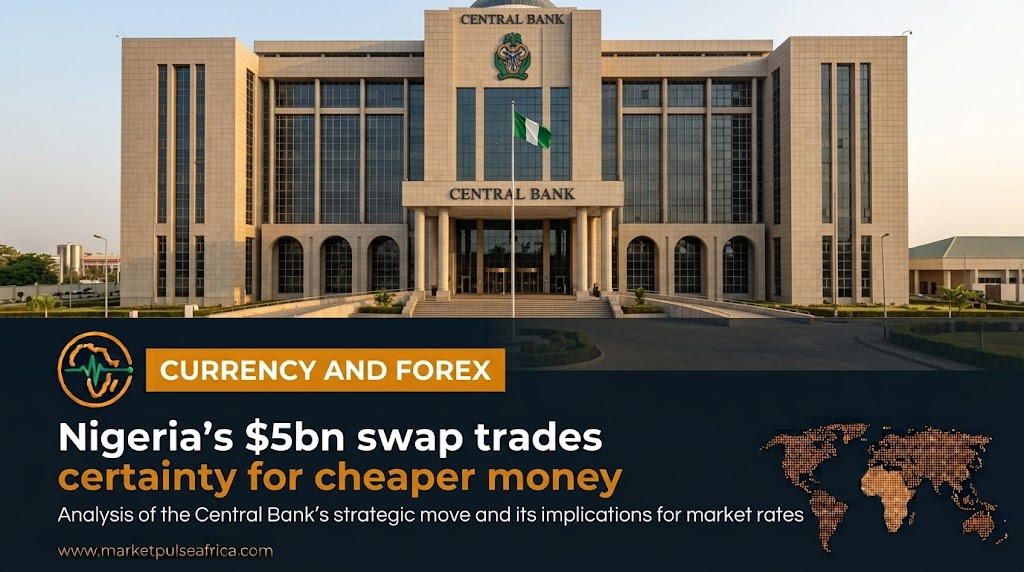 A financial executive reviews currency swap documents in a modern office, with a subtle overlay of the Nigerian naira and US dollar symbols connected by an exchange arrow.