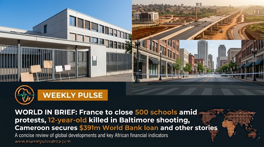 A financial news infographic with the category "WEEKLY PULSE" on the left and a stock exchange ticker on the right. The main headline reads: "WORLD IN BRIEF: France to close 500 sc