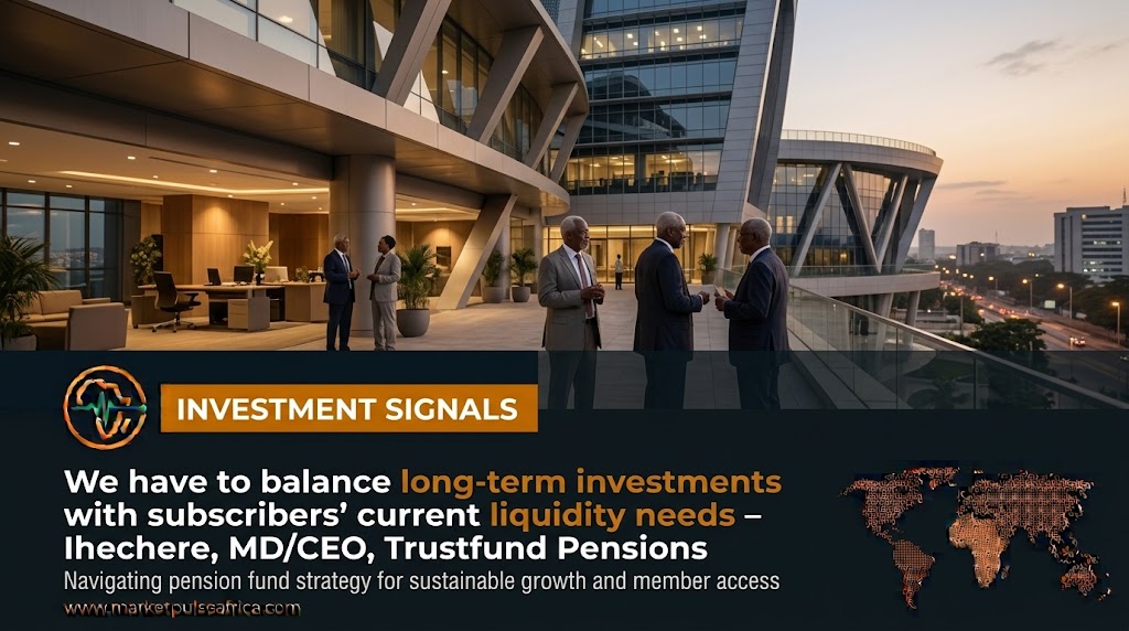 A pension fund executive reviews portfolio allocation charts in a Lagos office, with a subtle overlay showing a balance scale between a long-term growth graph and a liquid cash ico