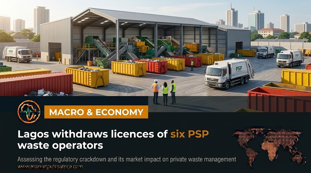 A professional financial-news cover image for 'Macro & Economy', showing a vibrant daylight scene of a modernized waste management facility with yellow sorting containers and white