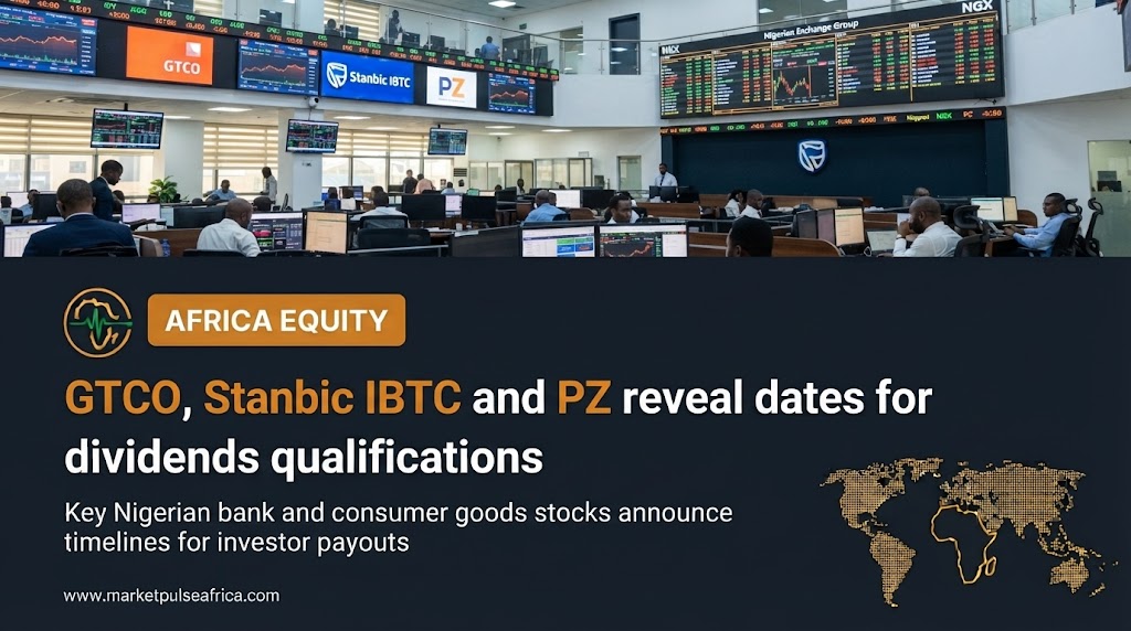 A landscape-format financial news cover image for Market Pulse Africa. The top background is a detailed, daylight photograph of the active Nigerian Exchange (NGX) trading floor in
