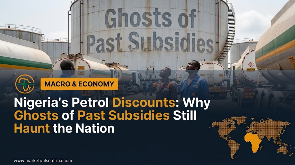 **Alt Text:** A landscape-format financial news cover image for Market Pulse Africa. The top background is an editorial photograph set at a Nigerian fuel depot, featuring workers i