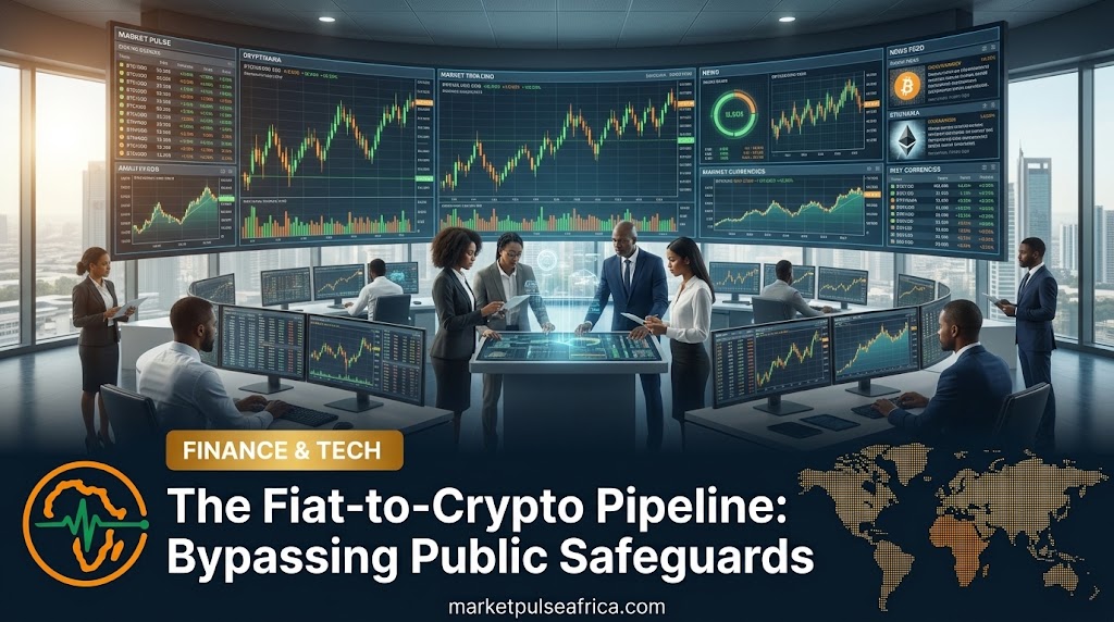Market Pulse Africa cover card for the fiat-to-crypto article, showing the headline and logo over a dark navy panel with a digital currency symbol.